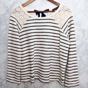 Fever Stripped Long Sleeve Top Cream And Blue Lace Details Size M